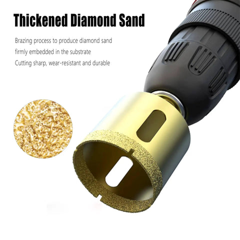 12 Piece Diamond Hole Saw Set 6mm To 35mm Wet Dry Core Drill Bits For Tile Porcelain Marble Glass And Granite, close-up of drill bit with diamond sand coating.
