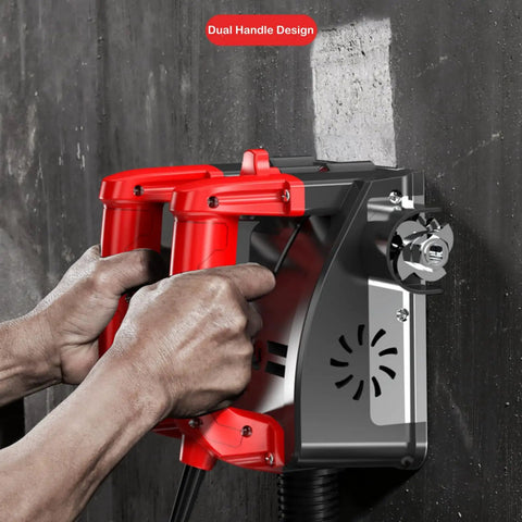 Close-up of Heavy Duty Electric Wall Planer To Kick Back Dust with dual handle grip, showing hands operating the tool.