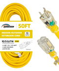 Weatherproof Indoor Outdoor Extension Cord With Lighted End UL Listed 10 Gauge 50ft Yellow Three Prong Heavy Duty SJTW