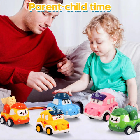 Parent and child playing with Safe Pull Back Cars Toy Set For Toddlers Ages 1 2 3 12 Construction Vehicle Cars Play Pack.