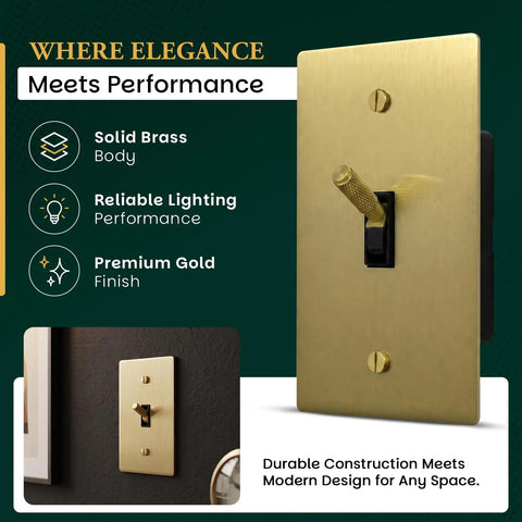 Heavy Duty Solid Brass And Steel Toggle Light Switch 1 Gang Kit With Gold Finish Wall Plate UL Listed Modern Decorative