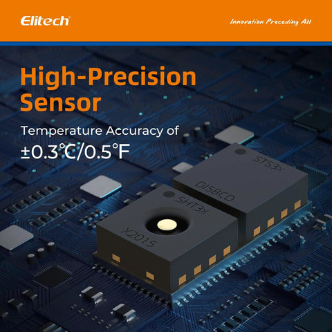 Front view of Elitech USB temperature data logger with external sensor modules on a circuit board.