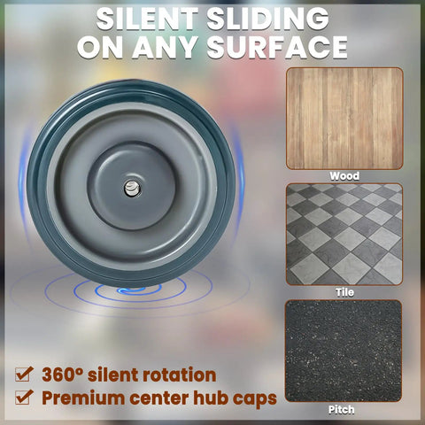 Rock Solid 5 Inch Shopping Cart Wheels 4 Pack Silent Glide TPU Swivel Casters showcasing silent rotation feature on various surfaces.