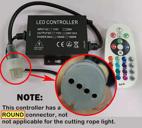 Replacement Remote And Controller Pack For RGB LED Light Strips And Neon Rope Lights With 16 Color Options, round connector detail