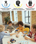 Children building 5 In 1 STEM Car Kit For Kids Ages 8 12 Wood Building Set with wind, solar, balance, gear, and RC cars on a table.