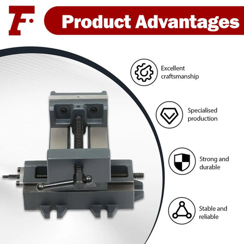 Heavy Duty 4 Inch Cross Slide Drill Press Vise XY Compound Benchtop Clamp For CNC Milling And Drilling Machines And Other Mechanical Equipment 100 mm Jaw Three Point Nine Four Inch Travel Cast Iron Construction shown with product advantages