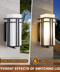 Outdoor Wall Mounted Porch Light Waterproof Exterior Lantern With Frosted Glass And Black Square Metal Frame Weather Resistant For Entryways Yards Garage Front Porch shown during day and night
