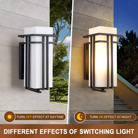 Outdoor Wall Mounted Porch Light Waterproof Exterior Lantern With Frosted Glass And Black Square Metal Frame Weather Resistant For Entryways Yards Garage Front Porch shown during day and night