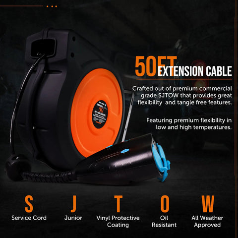 Cord Reel Extension 12AWG 50 Ft With Triple Tap Connector IP64 Waterproof Rated 15A 1875W advanced slow retraction.