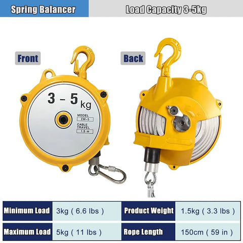 Heavy Duty Adjustable Tool Balancer And Retractor For Moving Tools And Fixtures Telescopic Spring Balancer With 25 30 45 60 80 100 150 180 Lbs Load Range Aluminum Hook Torsion Adjust Ideal For Shops Garages And On The Job Pro Grade Gear, yellow casing with load capacity markings