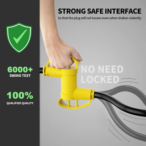 NEMA 14-50P to NEMA 14-50R 50 Amp RV and EV Extension Cord 10 Ft outdoor heavy duty with grip, shown being held securely.