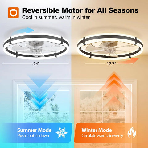 Comparison of 24 Inch Low Profile Ceiling Fan With Bright Led Light and Super Quiet Remote Control in summer and winter modes.