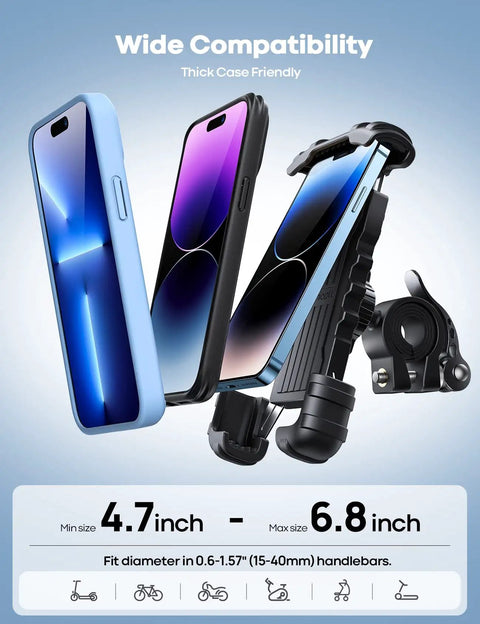 Heavy Duty Motorcycle Mount and Bike Phone Holder with One Hand Lock That Eats up Bumps Case Safe Shake Proof Shock Resistant Grip with three compatible phone sizes