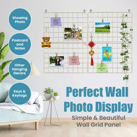 Gold Metal Wire Wall Grid Panel Set Of Four, Heavy Duty Photo Display And Memo Board, Legit Clutter Control Home Storage Rack To Keep Your Space Looking Dope