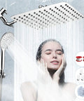 10 Inch Rainfall Shower Head With Handheld Combo California Compliant High Pressure 5 Settings 11 Inch Extension Arm 60 Inch Hose Chrome Finish Bath Shower Head Height And Angle Adjustable Silver over woman showering