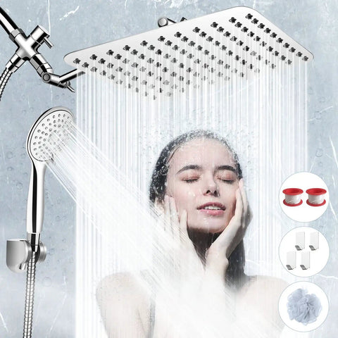 10 Inch Rainfall Shower Head With Handheld Combo California Compliant High Pressure 5 Settings 11 Inch Extension Arm 60 Inch Hose Chrome Finish Bath Shower Head Height And Angle Adjustable Silver over woman showering