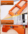 Close-up of Heavy Duty Door Hinge Jig And Lock Installation Kit With Anodized Aluminum Router Template showing hinge mortise measurements.