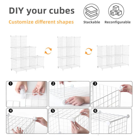 DIY setup of Wire Cube Storage Organizer 6 Cube Shelves Metal Bookshelf for Bedroom, Home and Office, Portable Closet in White Finish