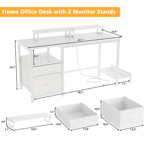 47 Inch Computer Desk With File Cabinet And Built In Power Outlets, USB Chargers, Dual Monitor Stands, diagram of dimensions