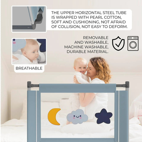 Mother and baby smiling next to Adjustable Foldable Toddler Bed Rail For Safe Sleep With Strong Lock And Easy To Clean Machine Washable Cover.