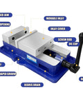 Rugged Bench Vise With 360 Degree Rotary Handle, labeled parts including fixed jaw, movable inlay, and screw rod visible.