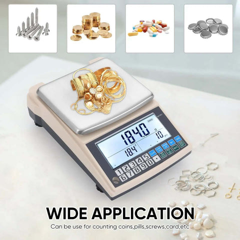 Pro Grade 0.01g Lab Scale With 5000g Capacity, Gram Counting Balance, RS232 Port, displaying 184g of gold jewelry