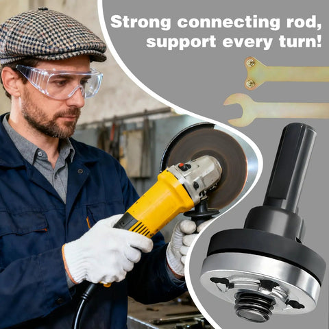 Drill To Angle Grinder Conversion Kit With Connecting Rod Set 2 Pack Attachments Includes Wrench Flange Nuts Spanner And 10mm Arbor Adapter For Quick Home Workshop Projects with wrench, rod, and grinder setup in use