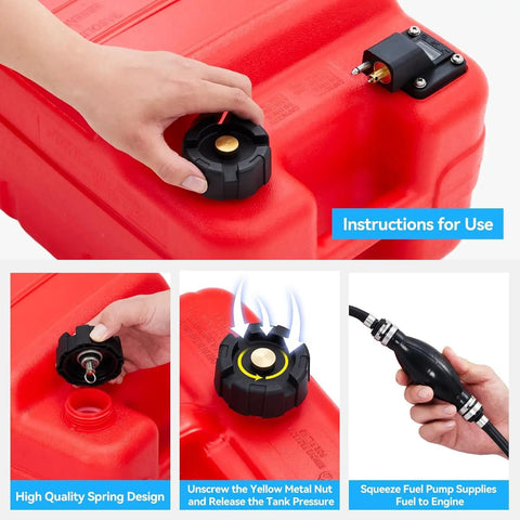 Portable 6 Gallon 24L Marine Fuel Tank with dual venting cap, level gauge, and 9.8-foot hose shown in red.