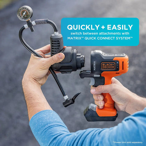 Person holding High-Pressure Inflator Multi-Tool Attachment With 14 Inch Hose For Cars Bikes And Sports Balls Up To 100 PSI Peak And 80 PSI Continuous Fast Reliable Air On The Go, showing quick connect feature.