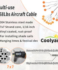 Shade Sail Hardware Kit With Vinyl Coated Aircraft Cable 48 Ft Total features and specifications infographic