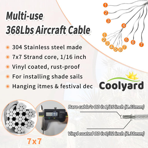 Shade Sail Hardware Kit With Vinyl Coated Aircraft Cable 48 Ft Total features and specifications infographic