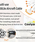 Shade Sail Hardware Kit All In One Ratchet Winch And Cable Rope Tightener infographic showing 304 stainless steel cable specs
