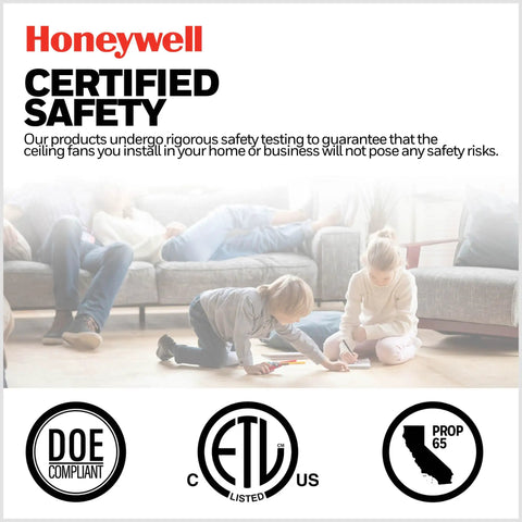 Image showing Honeywell certified safety assurance for ceiling fans with children playing in a safe living room environment.
