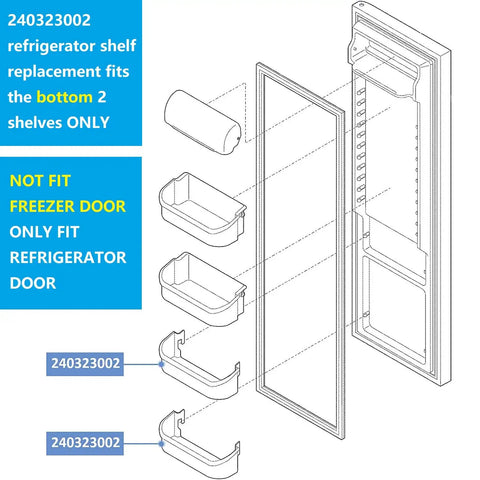 Diagram showing installation of Upgraded 2 Pack Refrigerator Door Bin Shelves That Fit Frigidaire And Kenmore Bottom Two Shelves
