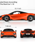 McLaren Licensed Remote Control Car One Twelfth Scale With Lit Headlights And Fast Twelve Kilometers Per Hour Speed orange side, front, and back view.