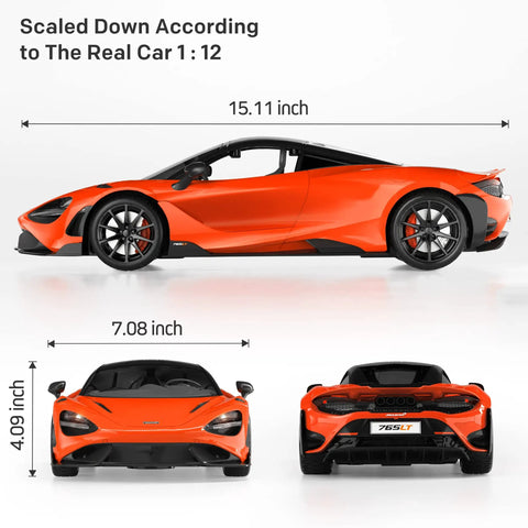 McLaren Licensed Remote Control Car One Twelfth Scale With Lit Headlights And Fast Twelve Kilometers Per Hour Speed orange side, front, and back view.