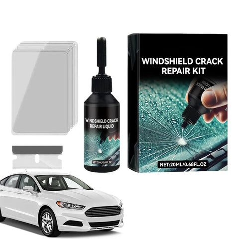 Windshield Crack Repair Kit Do It Yourself Glass Repair Solution Quick Fix For Home Roadside And Auto Shop Use Three Step Process To Restore Chips And Cracks With Invisible Finish And Durable Seal bottle, applicator, and scraper displayed