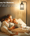 Cozy family reading under Crystal Floor Lamp With On Off Foot Switch, Tall Modern Standing Lamp For Living Room, Bedroom, Office, Classroom Or Dorm, 6W LED Bulb Included, Warm 3000K Crystal Lampshade, Lit Yet Classy Accent Lighting