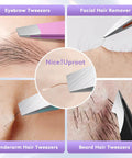 Close-up of Thickened 430 Stainless Steel Slant Point Tweezers with flat hook removing eyebrow and facial hair