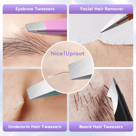 Close-up of Thickened 430 Stainless Steel Slant Point Tweezers with flat hook removing eyebrow and facial hair