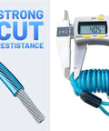 Close-up of Trailer Breakaway Switch With 5 Ft Coiled Cable, showing 4 mm steel braid and digital caliper measurement.