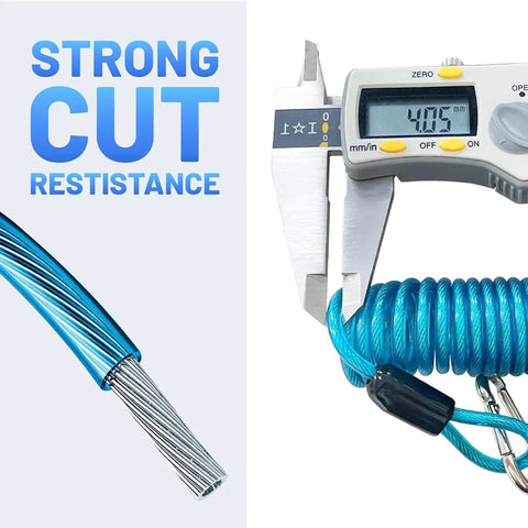 Close-up of Trailer Breakaway Switch With 5 Ft Coiled Cable, showing 4 mm steel braid and digital caliper measurement.