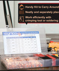 Copper Battery Cable Ends And Wire Lugs Assortment Kit With AWG 2 4 6 8 10 Gauge, open case showing copper lugs and heat shrink tubing