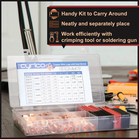 Copper Battery Cable Ends And Wire Lugs Assortment Kit With AWG 2 4 6 8 10 Gauge, open case showing copper lugs and heat shrink tubing