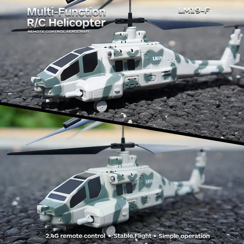 Camouflage RC Helicopter With Military Look, 2.4G 3.5CH, missile launch, on ground, showcasing design and details