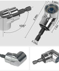 Flexible Drill Bit Extension and 105 Degree Right Angle Drill Adapters Kit, three piece set with dimensions shown