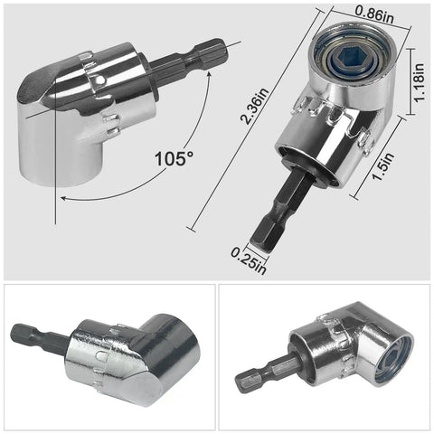 Flexible Drill Bit Extension and 105 Degree Right Angle Drill Adapters Kit, three piece set with dimensions shown