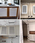 Slick Return Air Grille, Louvered Access Door With Magnetic Closure Drywall Panel, white vent covers in various installations.