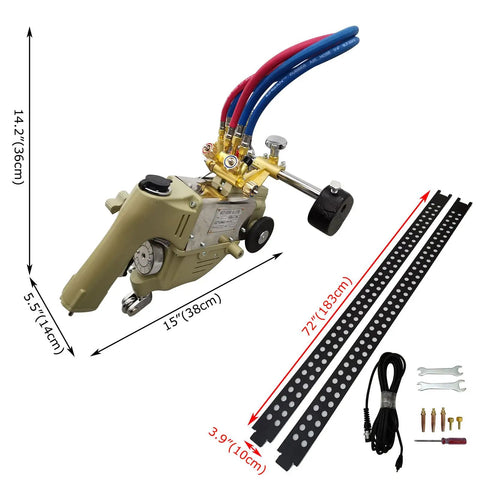 Shop Rugged Portable Gas Steel Cutter Slides Through 0.2 To 1.2 Inch Plate With Dual Torch Heads and Three Quick Change Tips with dimensions.