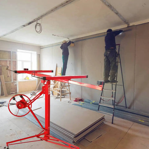 Heavy Duty Steel Drywall Lifter With Adjustable Height And Smooth Ride Casters in use for ceiling panel mounting.